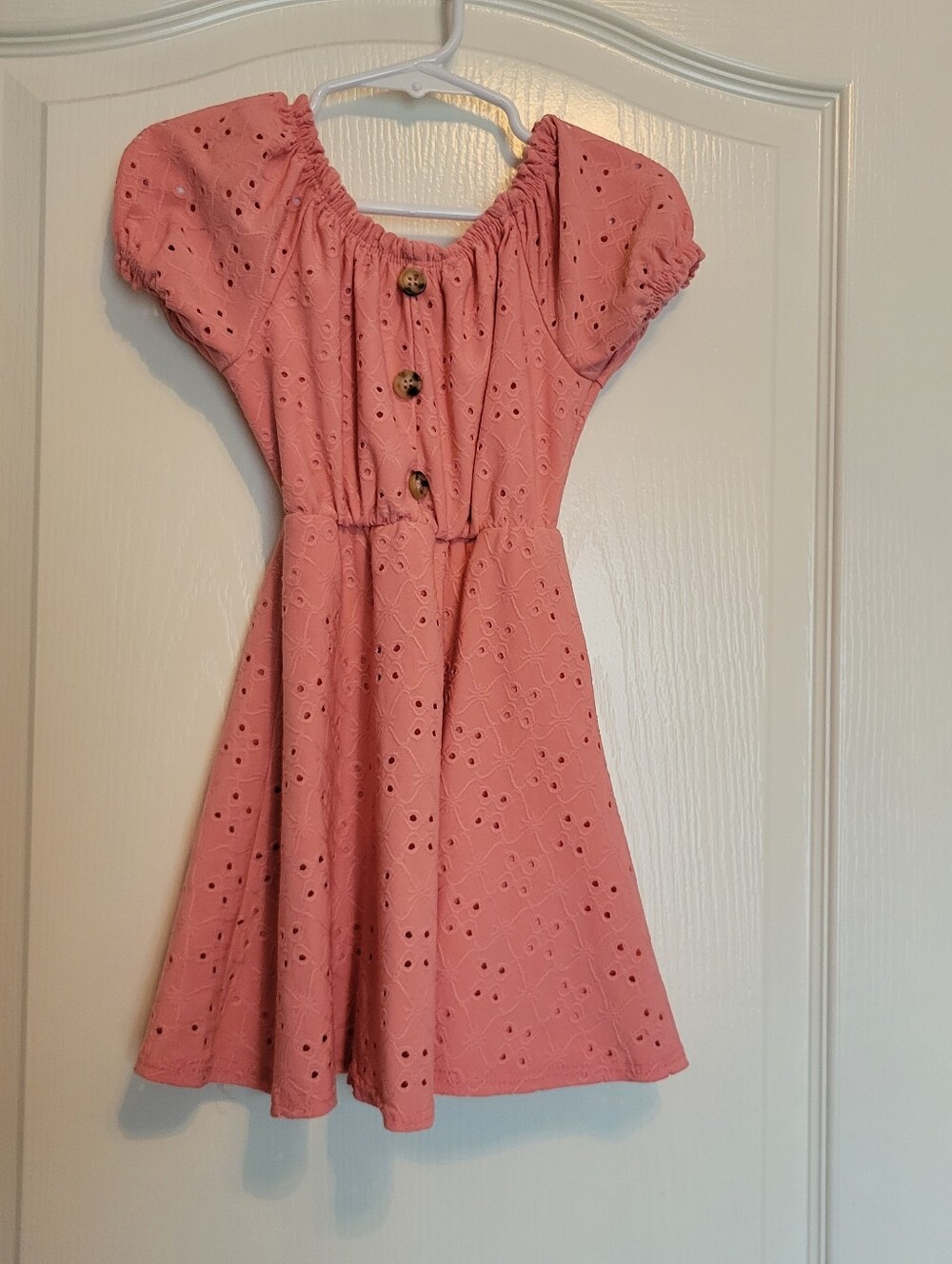 Glitter Girl Girls Pink Eyelet Faux Button-Front Short Sleeve Pull Over Dress 4